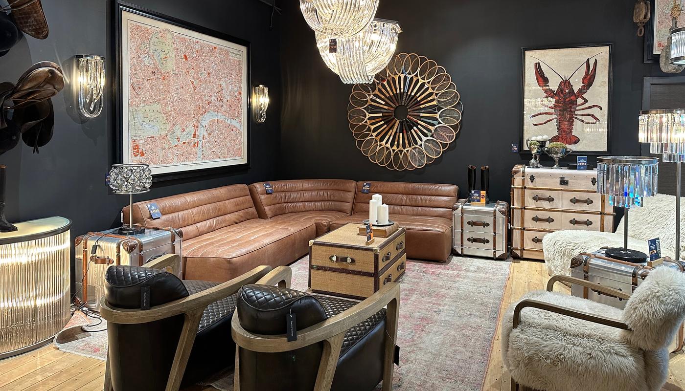 Timothy Oulton Guildford showroom interior shabby sofa