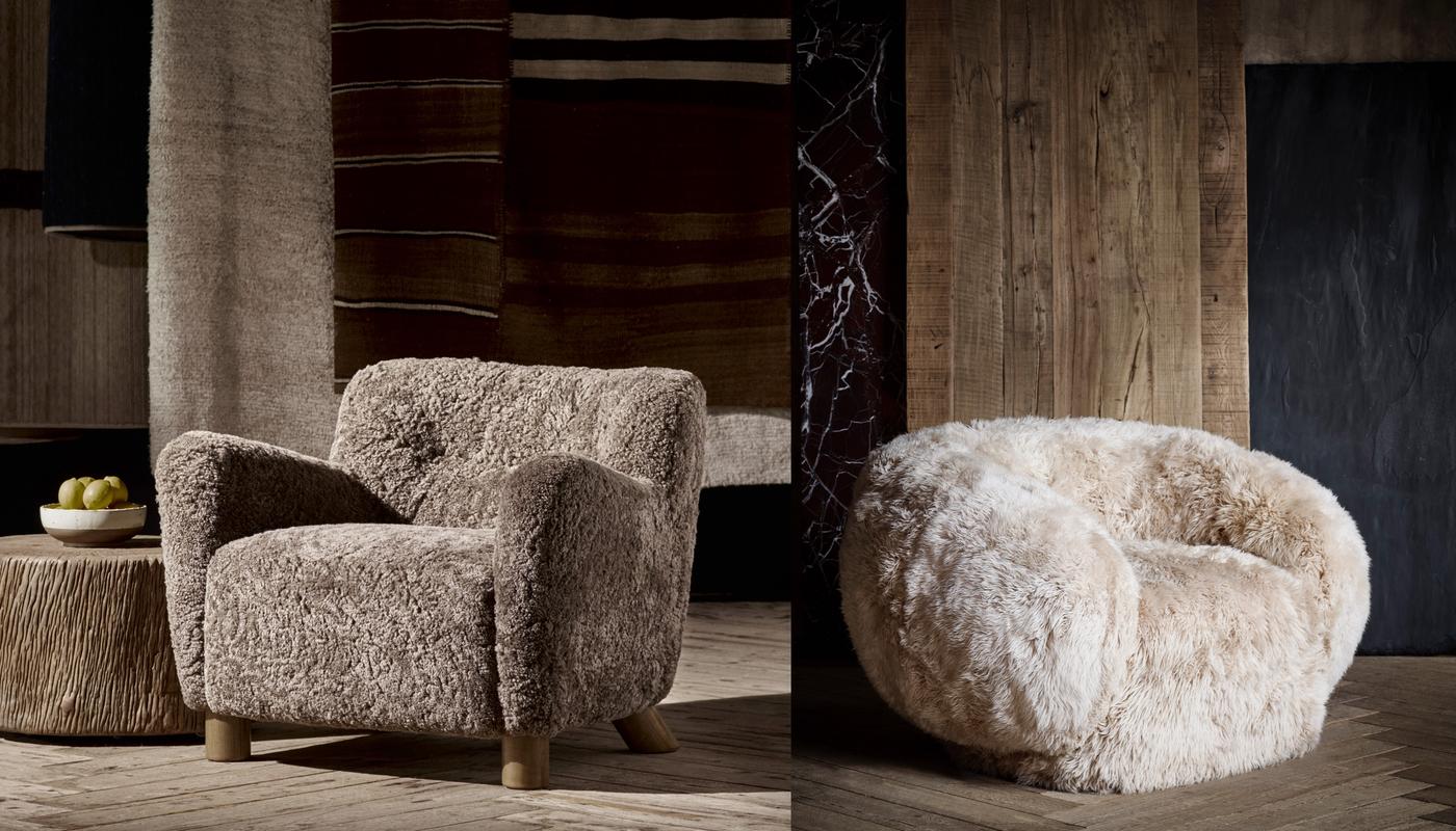 Ryeland armchair in Shearling Smoke & Valais chair in Yeti Beige Sheepskin