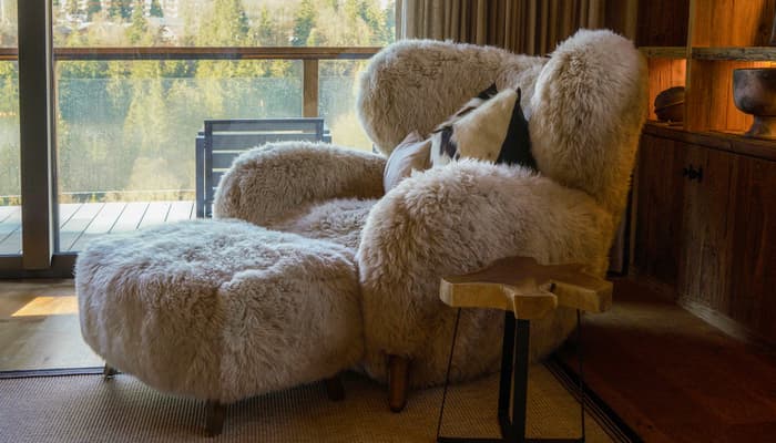 Manx chair and Cabana footstool in Yeti Beige New Zealand Sheepskin