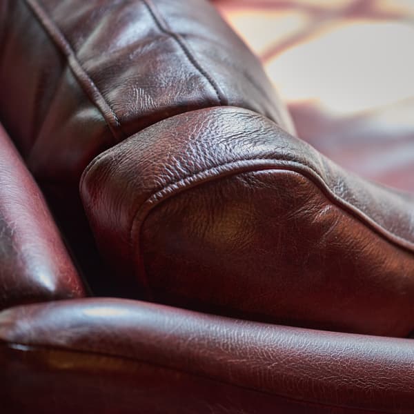 Reggio Sofa in Vagabond Red close up view leather and stitching detail
