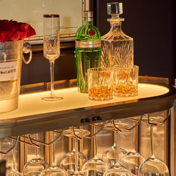 Shimmer bar cabinet close up of top view with drinks
