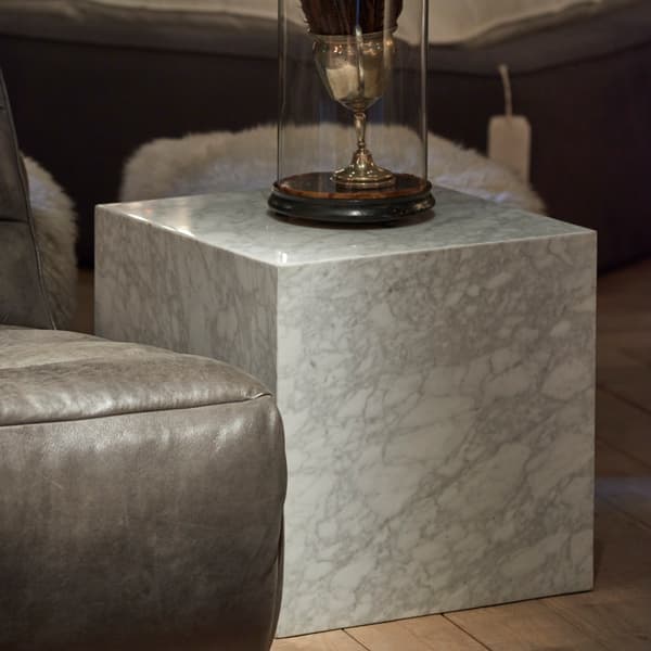Marble Cube Side Table in Marble White Polished side angle view