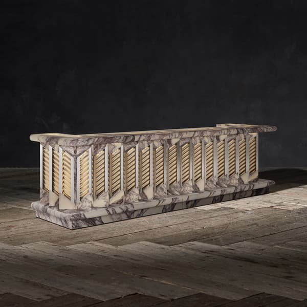 Marble bar counter with vertical slatted wooden elements and marble top