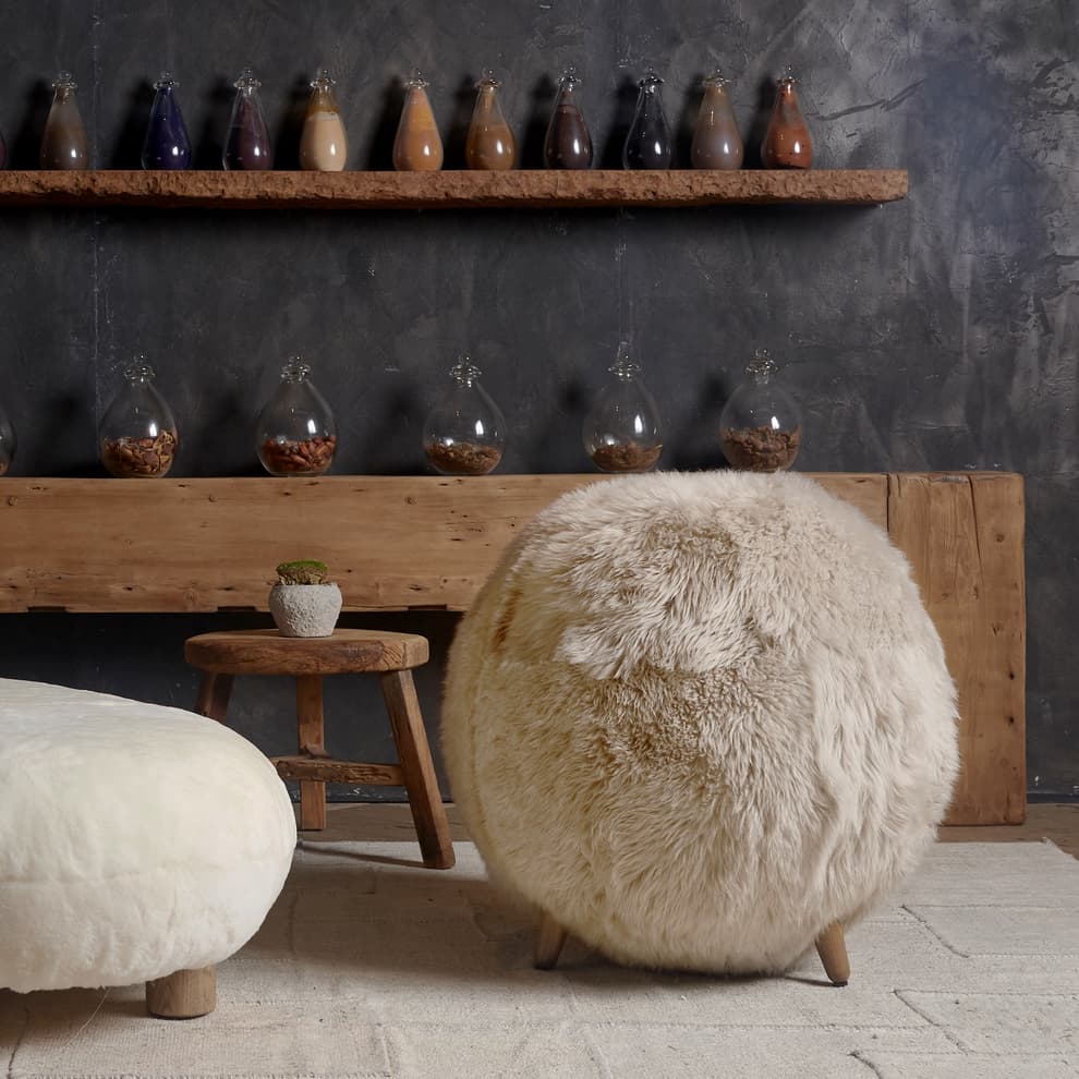 Pastekh Footstool in Yeti Beige Sheepskin in room setting