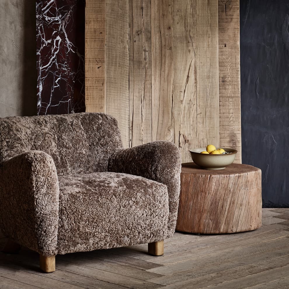 Veg wood block featured next to armchair
