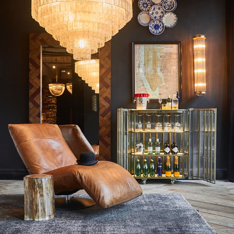 Shimmer bar cabinet displayed open with drinks